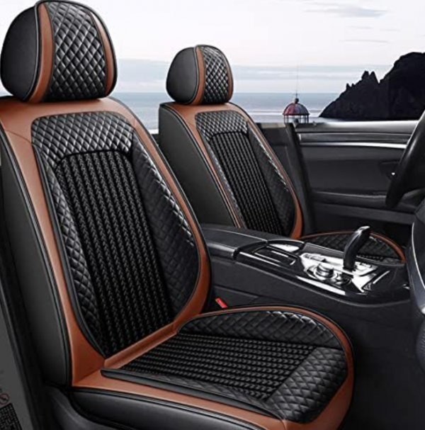 Jok mobil dengan kombinasi bahan kulit dan kain